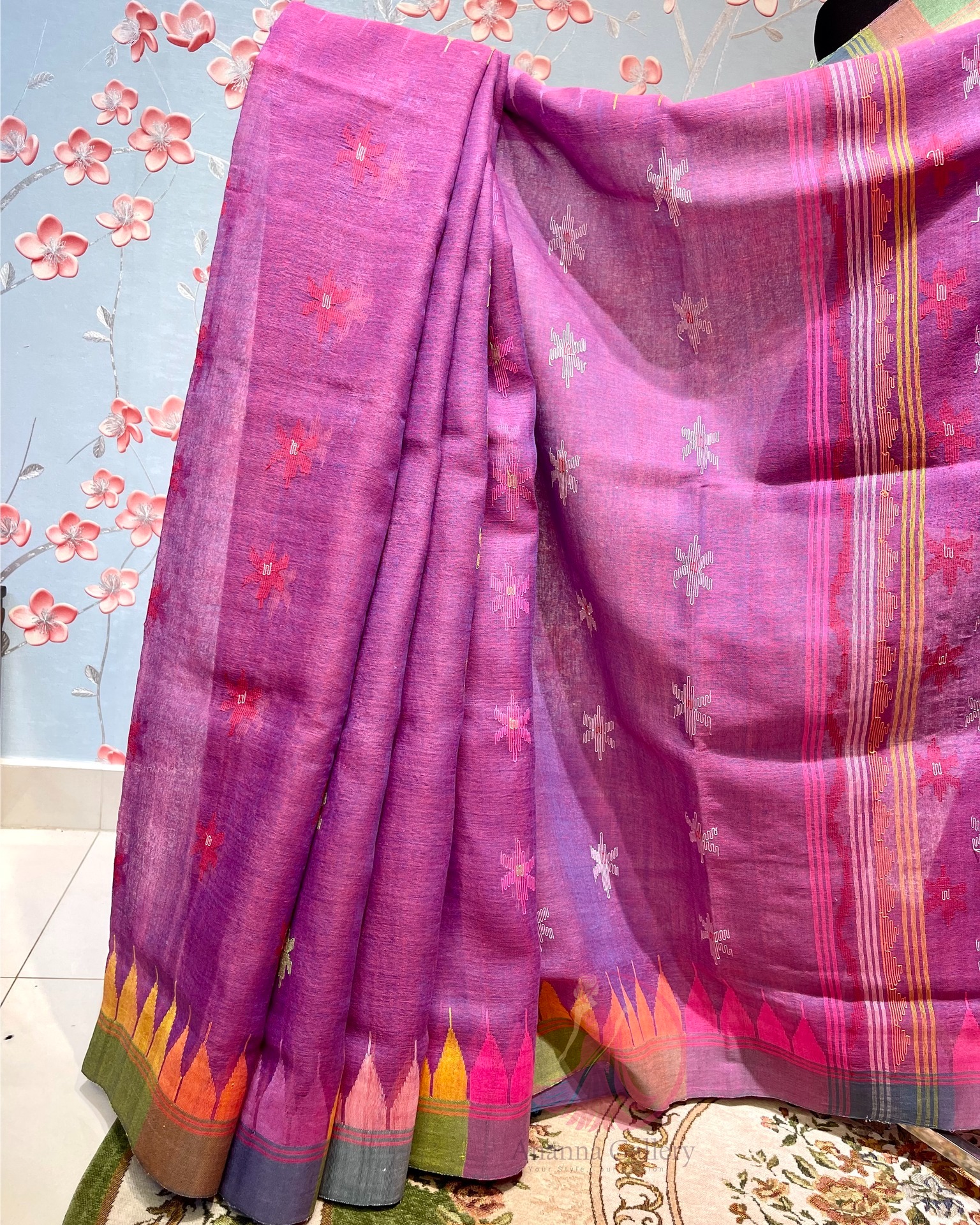 Shiuli Floral Dual-Tone Pink Monipuri Saree - Image 2